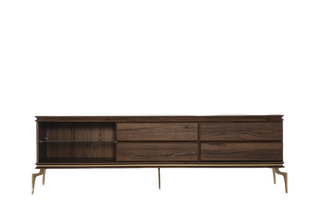 Montego TV Stand with marbled surfaces and gold accents. Retro style and Montego Walnut finish provide a chic, practical storage solution.