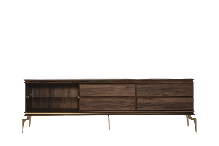 Montego TV Stand with marbled surfaces and gold accents. Retro style and Montego Walnut finish provide a chic, practical storage solution.