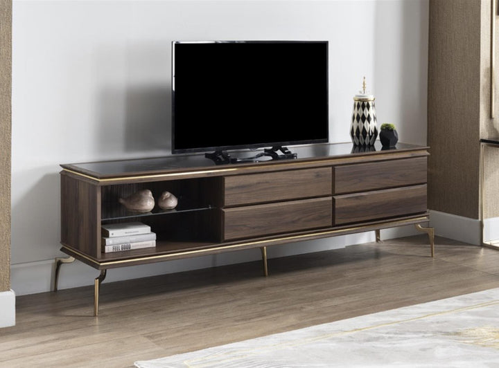 Montego TV Stand with retro charm and modern features. Montego Walnut finish and gold accents create a luxurious look with ample storage.