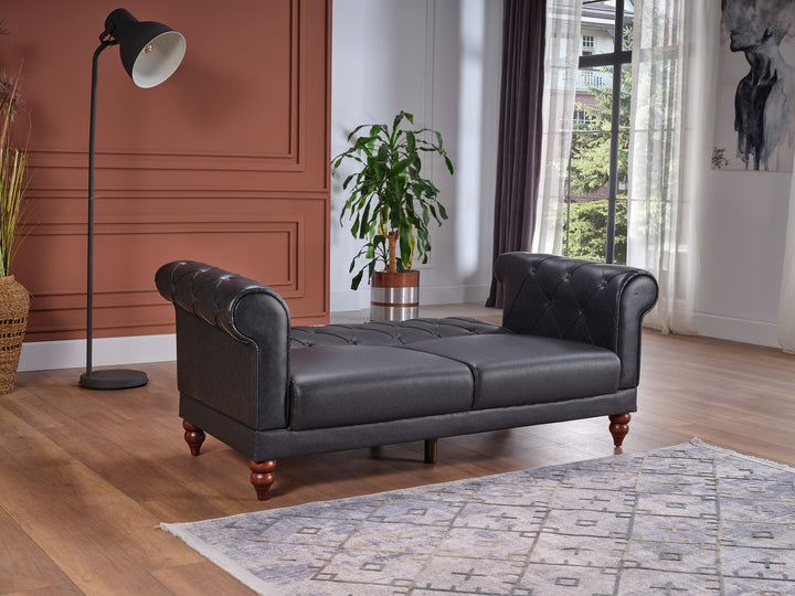 Classic Muse living room set with Chester style. Synthetic leather upholstery, solid wood frame, and daybed functionality combine traditional elegance with modern convenience.