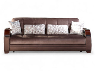 Natural Collection three-seat sofa with velvety performance fabric and leatherette upholstery. Features polished wood armrests and chrome detailing.