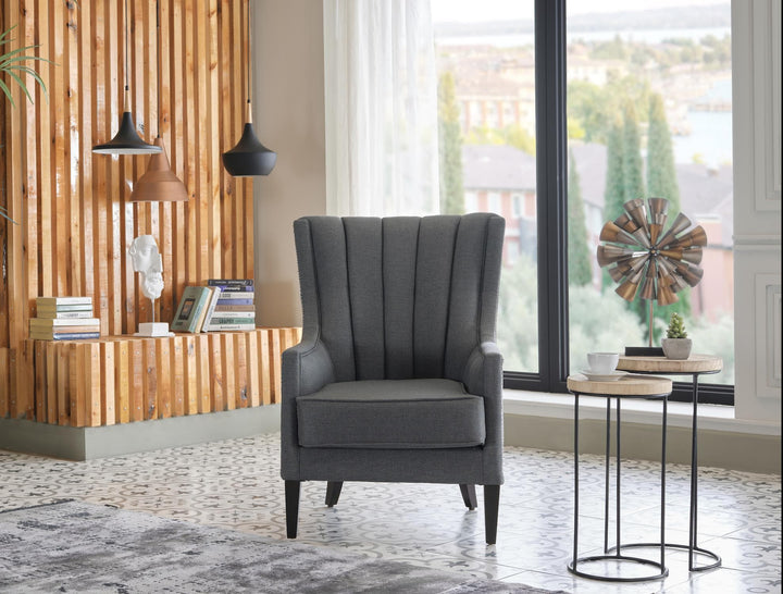 Palmer Accent Armchair from the B-Lifestyle collection. Features a Corvet Anthracite finish, foam cushioning, and natural wood legs for a blend of traditional and modern style.