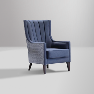 Traditional Palmer accent armchair with Corvet Navy finish and natural wood legs for a stylish touch.