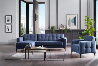 Make a statement with the Parker Sectional Sofa in Corvet Navy. Modern design, high-quality materials, and elegant nailhead trim offer style and comfort.