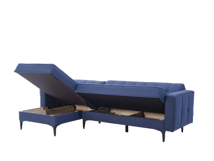 Trendy Parker Sectional Sofa in Corvet Navy with a modern design and nailhead trim. Perfect for adding a touch of sophistication and comfort to your home.