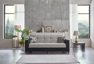 Parma Living Room Set crafted with high-quality materials. Includes a sofa, loveseat, and armchair with plush cushions and a modern round arm design.