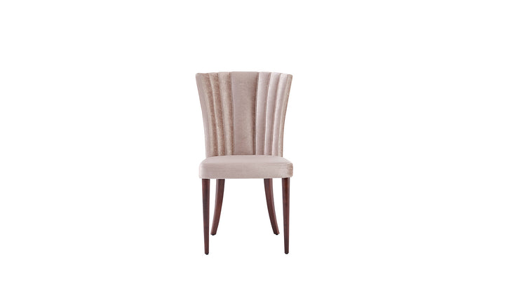 Upgrade your dining area with the Plaza Luxury Dining Chair Set of 2. These contemporary chairs, upholstered in cream fabric with dark brown wood legs, provide both style and durability.