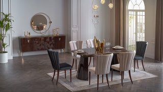 Elevate your dining experience with the Plaza Dining Table by Bellona. Featuring an elegant oval design, dark brown HDF frame, and gold case hardware, this table combines style and durability.