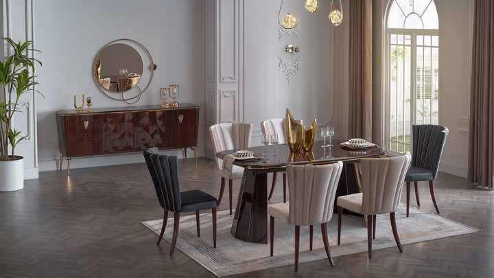 Elevate your dining experience with the Plaza Dining Table by Bellona. Featuring an elegant oval design, dark brown HDF frame, and gold case hardware, this table combines style and durability.