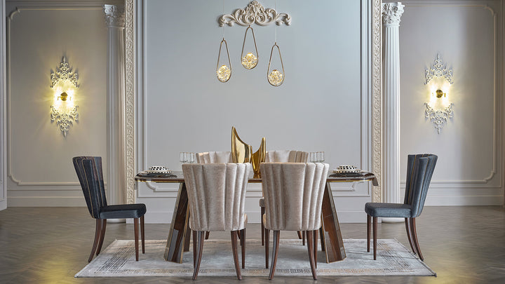 Experience luxury with the Plaza Dining Table by Bellona. Expertly crafted with a dark brown HDF frame and gold hardware, this table is designed for style and durability.