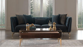 Elevate your living space with the Plaza Living Room Set, offering high-end comfort with its inner spring over high-density foam and a solid wood frame with gold metal legs.