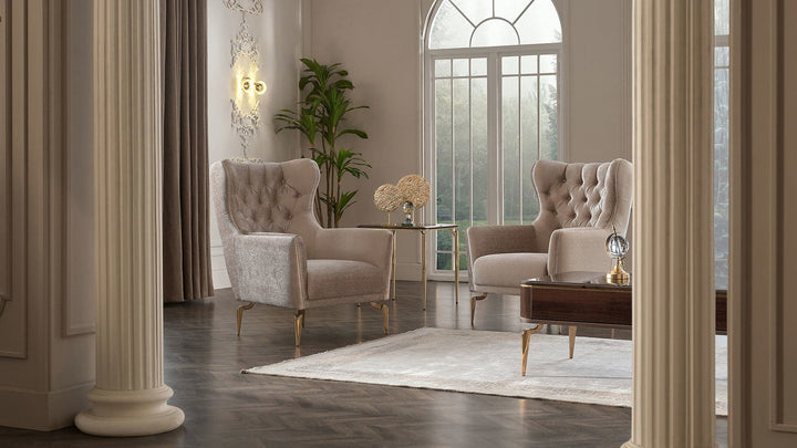 Experience ultimate comfort with the Plaza Living Room Set. Featuring plush polyester upholstery, a solid wood frame, and gold metal legs for a luxurious touch.