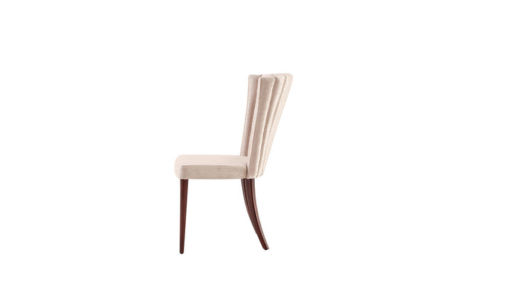 Add modern flair to your dining room with the Plaza Luxury Dining Chair Set of 2. These cream fabric chairs with dark brown wooden legs blend style and durability seamlessly.