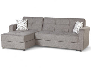 Vision Sectional Sofa with button-tufting, chrome legs, and built-in storage for modern living spaces