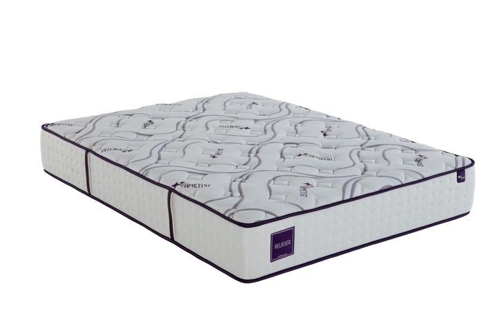 Reliever Mattress with amethyst technology to improve sleep quality. Features foam construction for temperature regulation and support, reducing tossing and turning.