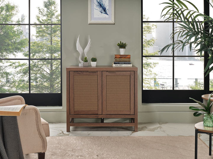 The four-door Arden Media Console offers ample storage space with convenient shelving units.