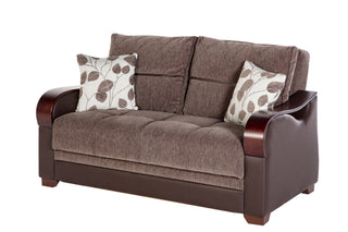 The Bennett Loveseat featuring polished wood armrests and a two-tone upholstery design.