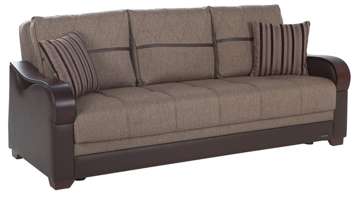 The Bennett Sofa’s polished wood armrests, adding a touch of elegance to the design.