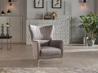 Elegant armchair with a chic velvet finish and polished gold trim.