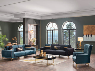 Sleek sofa with modern lines and plush velvet for a sophisticated look.