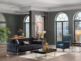 Modern sofa with velvet upholstery and striking gold trim for a bold statement.