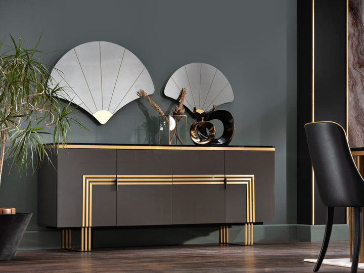 The Carlino Table with gold accents and a marble tempered finish, combining functionality with chic style.