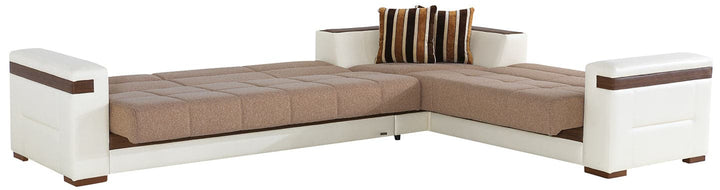 Elegant Collection sleeper sectional with chaise lounge and matching ottoman. Converts to a queen-sized bed and includes hidden storage for convenience.