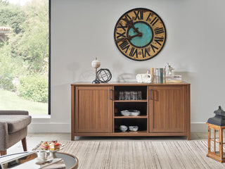 Modern silhouette of the Emory Media Console with a natural wood finish and sleek gunmetal hardware.