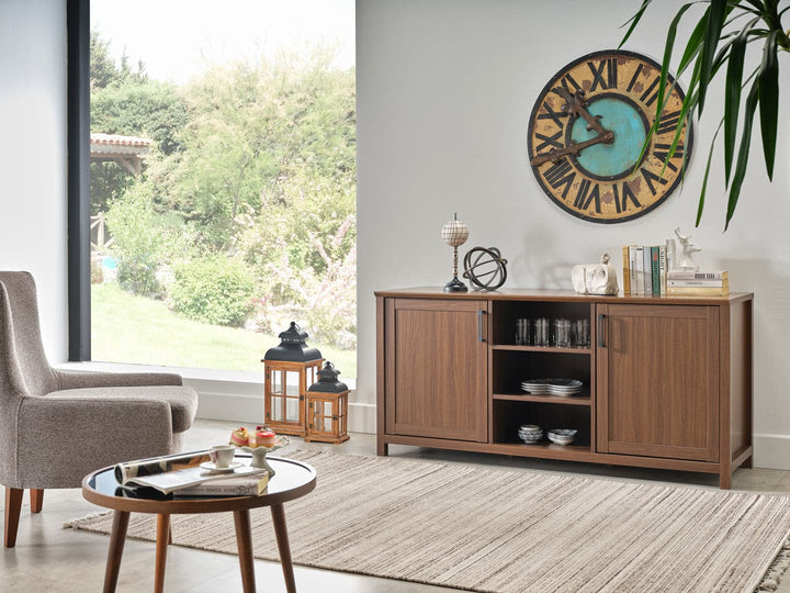 Timeless design of the Emory Media Console featuring a walnut finish and three-tiered shelving.