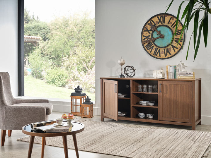 Elegant walnut-colored Emory Media Console with ample storage and a sleek, streamlined profile.