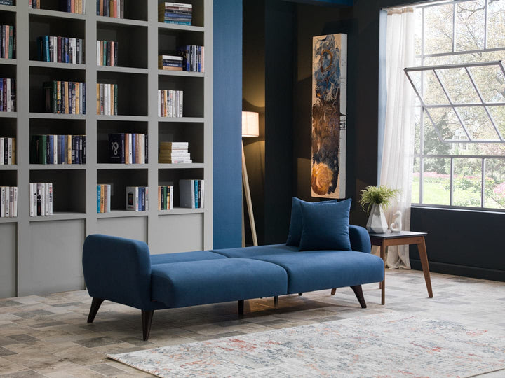 Solid wood frame construction in the indigo blue Functional Sofa In A Box.