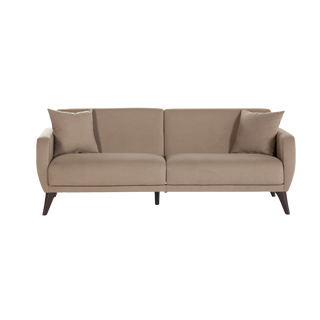 Built-in storage in the light taupe Functional Sofa In A Box provides extra organization.