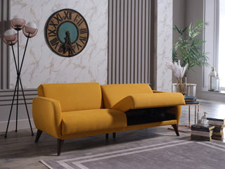 Urban style and practical features of the light taupe Functional Sofa In A Box for city living.