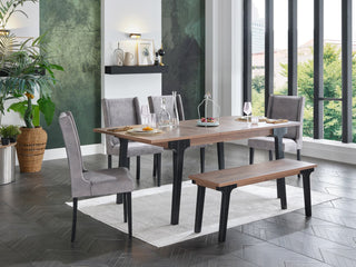 Kennedy Dining Table featuring a wooden tabletop and matching bench for a clean, modern look.