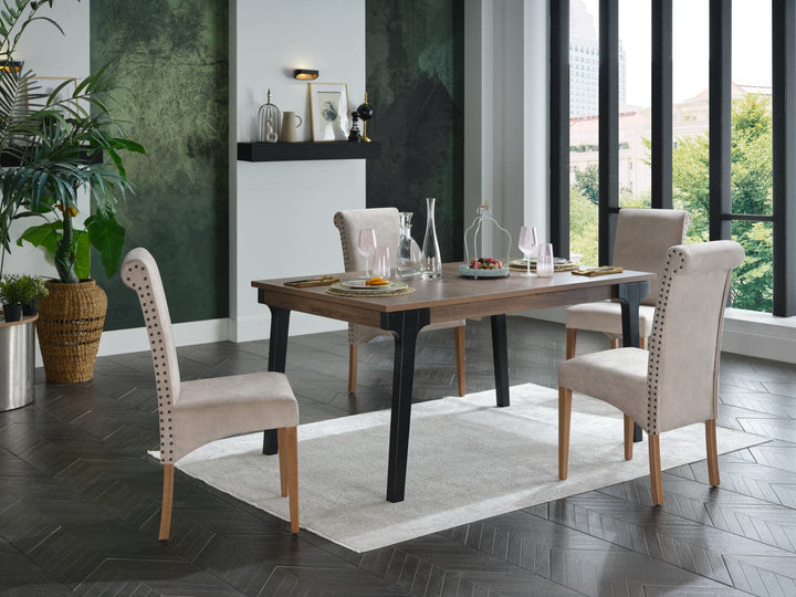 Modern Margo Dining Chair featuring a tall rolled back and velvety upholstery for a sophisticated look.