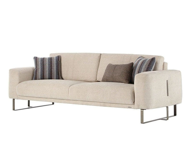 Mirante Sofa with chrome legs and soft-touch fabric, offering a stylish and functional dual-purpose design.