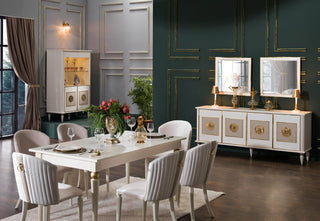 Mistral dining room set offering modern elegance with bold colors and chic gold accents, perfect for a sophisticated dining space.