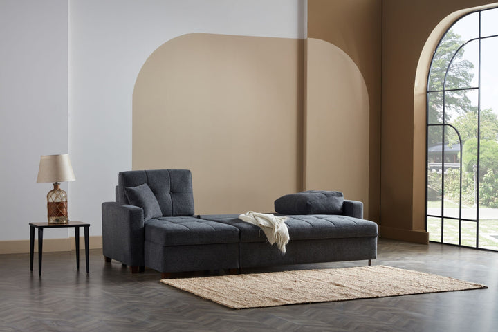 Practical Mocca Sectional with a modern look and sponge filling, converting into a queen-sized bed for versatile living.