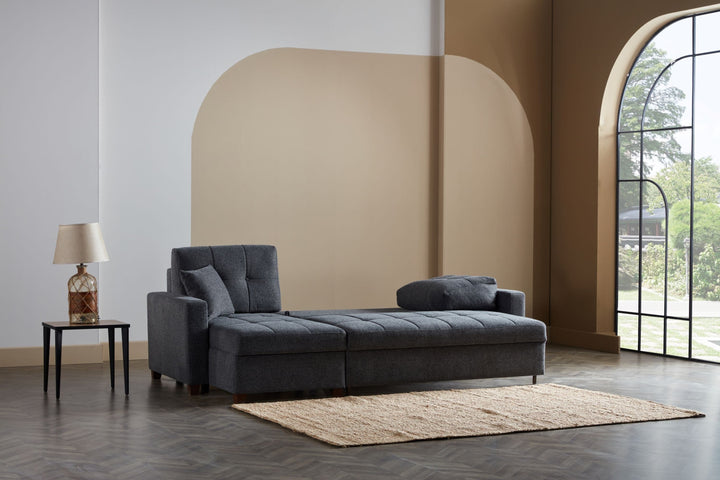 Mocca Sectional with transformable design and plush sponge filling, easily converting into a queen-sized bed for extra space.