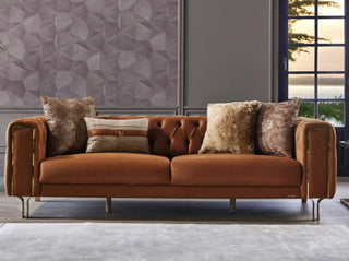 Chic Montego Concept with marbled surfaces and gold accents. Includes a stylish sofa, loveseat, and armchair.