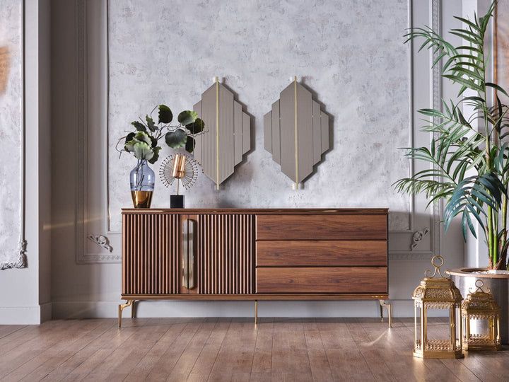 The Montego Concept provides elegant furniture solutions with a retro-modern design. Featuring marble finishes, gold metal legs, and practical functions, it enhances any room with upscale style and convenience.