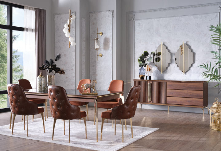 The Montego Concept blends retro charm with modern functionality, offering a comprehensive suite of furniture for living, dining, and bedroom spaces with marble finishes and gold accents.