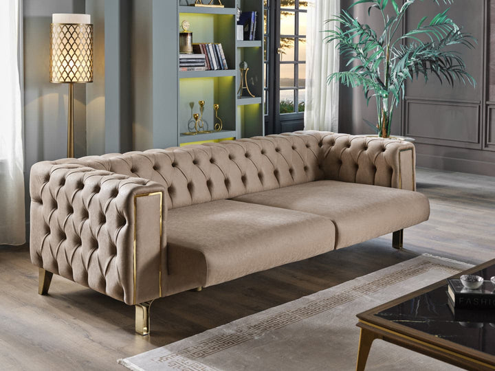 Montego Concept suite with a retro sofa, loveseat, and armchair. Chic gold accents and modern design.