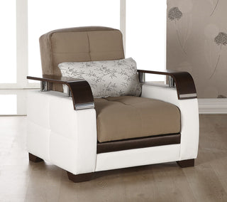 Elegant Natural Collection set with chrome detailing on wood armrests. Features a modern design and practical built-in storage for added convenience.