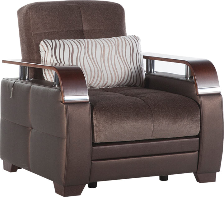 Natural Collection set combining comfort and style. Velvety performance fabric, leatherette upholstery, and chrome detailing for a modern living room.