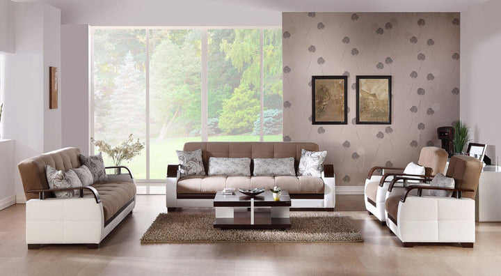 Modern loveseat from the Natural Collection with velvety polyester fabric and easy-to-clean leatherette. Includes polished wood armrests and chrome accents.