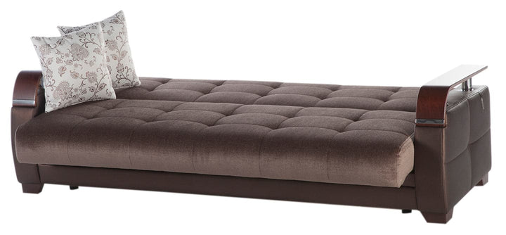 Stylish modern sofa from the Natural Collection with velvety performance fabric and leatherette upholstery. Includes chrome detailing and built-in storage.