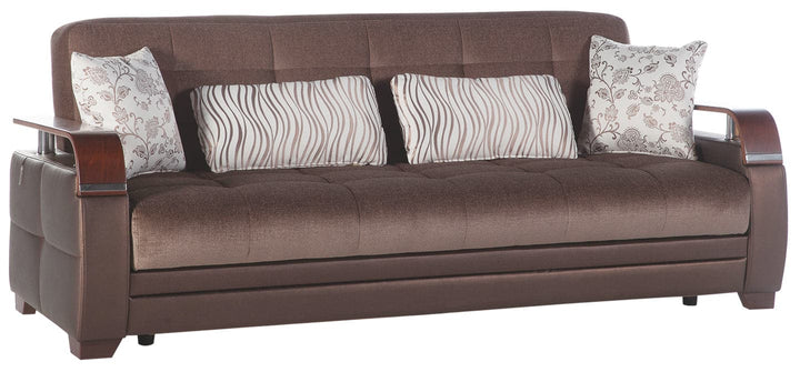 Sleeper sofa and matching pieces from the Natural Collection. Modern design with velvety fabric, leatherette upholstery, and convenient storage.