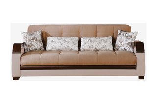 Versatile sleeper sofa from the Natural Collection. Converts effortlessly with a velvety fabric and leatherette finish, featuring storage and chrome details.