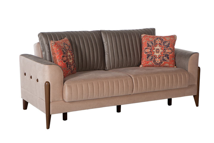 Chic and modern Piero Sleeper Sofa with ribbed pleating and brass button detailing. Features built-in storage and a comfortable fold-down sleeper.